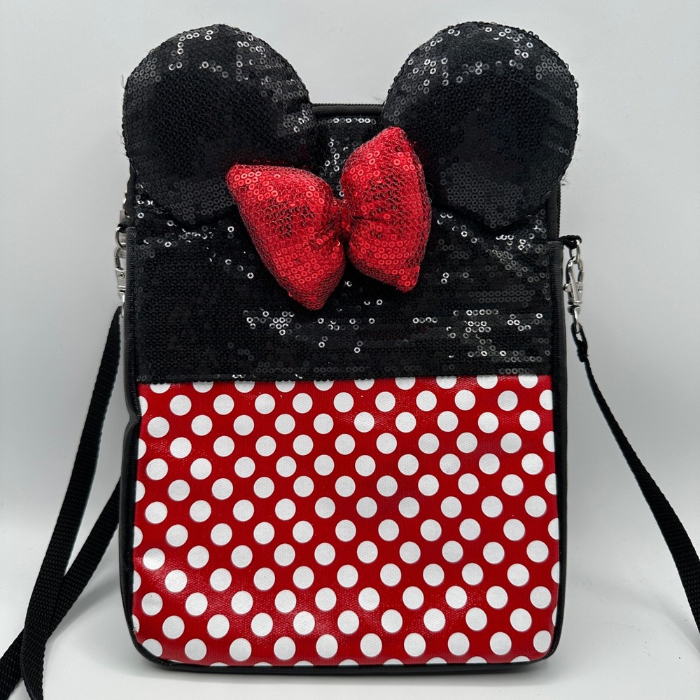 Disney Minnie Mouse Crossbody Bag Tablet Purse‎ Sequin Red Polka Dot 3D Ears